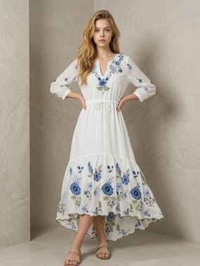 Marie Mercie White Embroidered Midi Dress with Blue Floral Details
